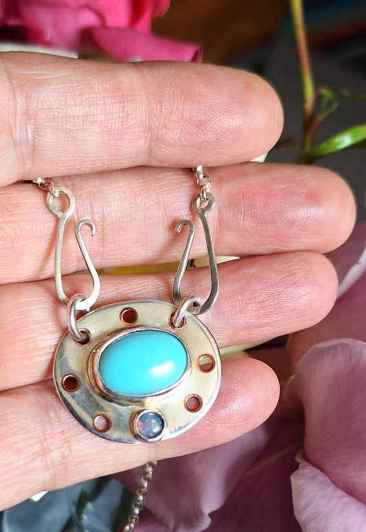 Turquoise and Opal Copper inlay Sterling Silver Necklace